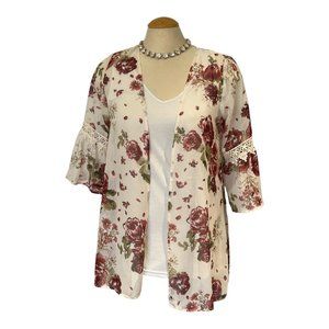 G COLLECTION Floral Kimono Size M Bell Sleeves Sheer Feminine Roses